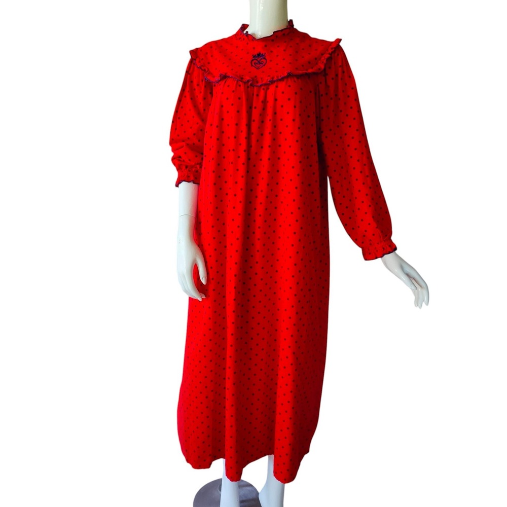 Vintage Lanz of Salzburg Cotton Flannel Maxi Nightgown Red Polka Dot USA Large